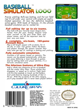 Baseball Simulator 1.000 (USA) box cover back